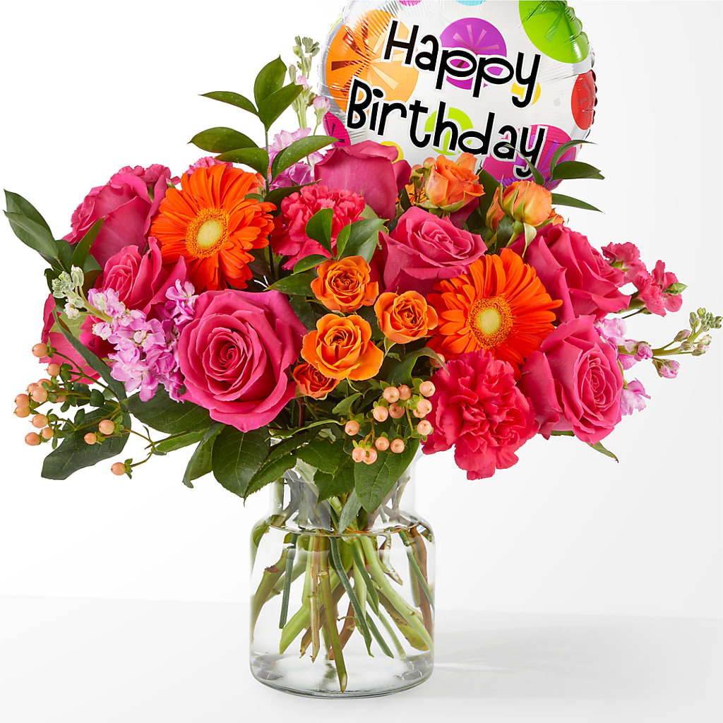 Fiesta Bouquet with Birthday Balloon – The Woodlands Flowers, Conroe TX