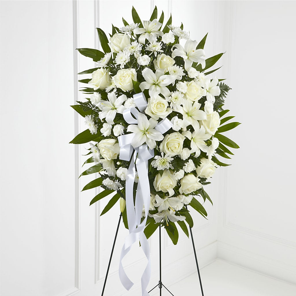Exquisite Tribute Standing Spray-White Ribbon – The Woodlands Flowers, Conroe TX