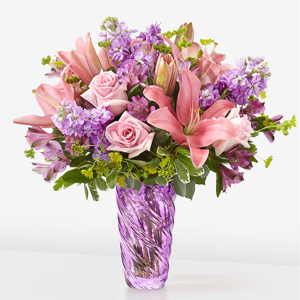 Precious Petals Bouquet with Luxe Swirl Vase – The Woodlands Flowers, Conroe TX