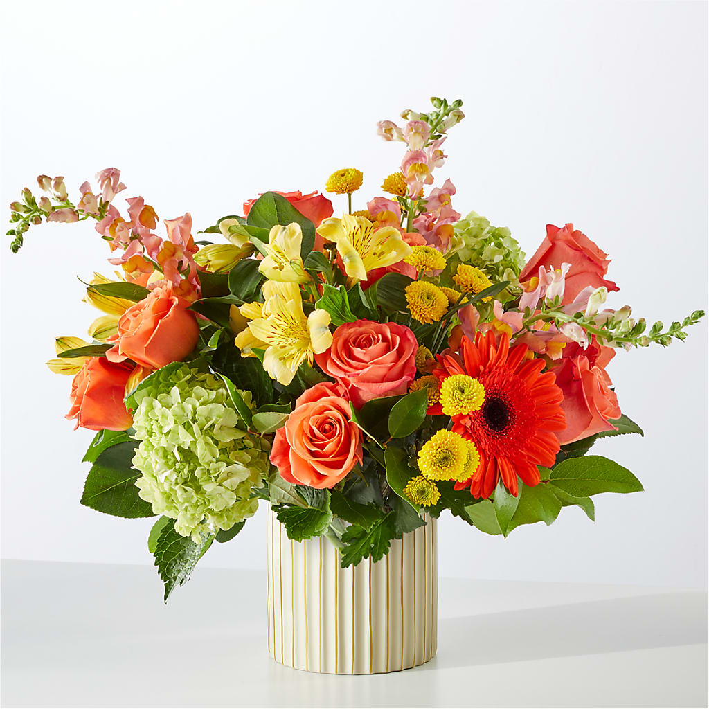 Autumn Sunshine Bouquet with Ivory Vase – The Woodlands Flowers, Conroe TX